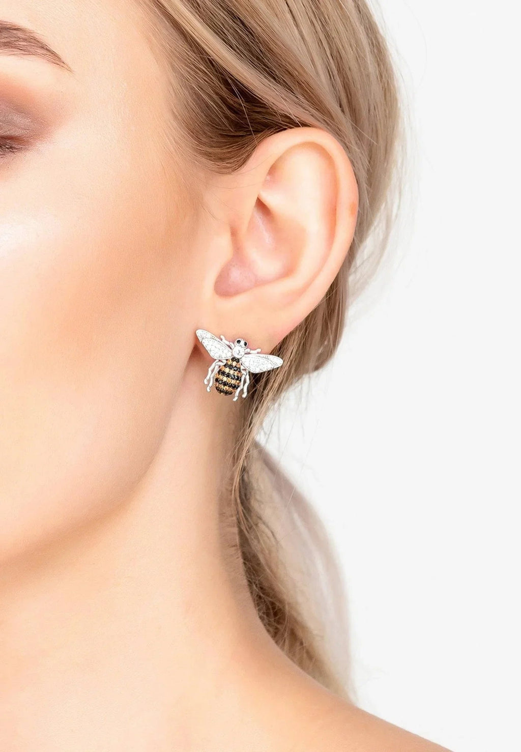 Honey Bee stud earrings in sterling silver with a bee charm and sparkling zircons, by Pinup Girl Clothing