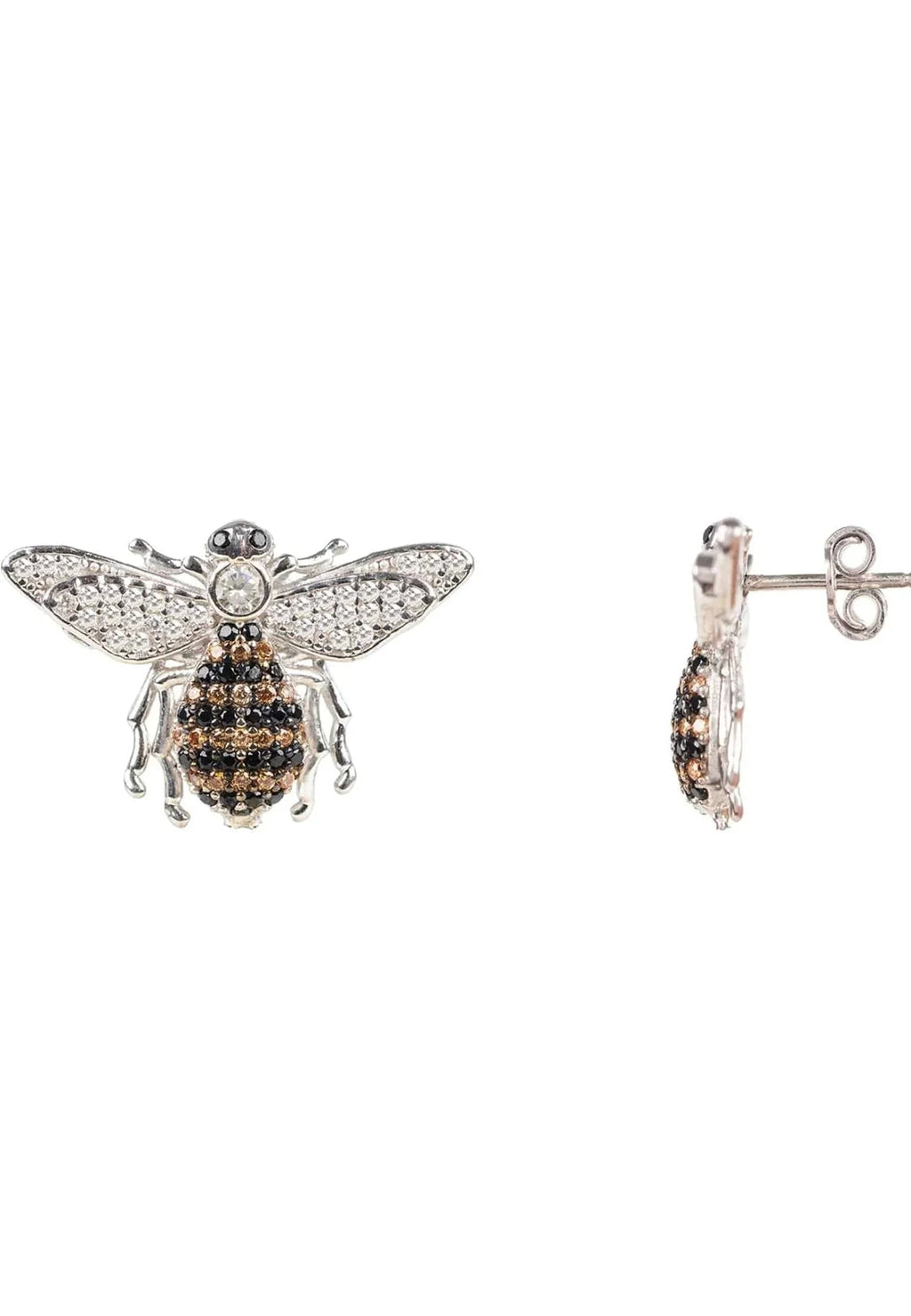 Honey Bee stud earrings in sterling silver with a bee charm and sparkling zircons, by Pinup Girl Clothing