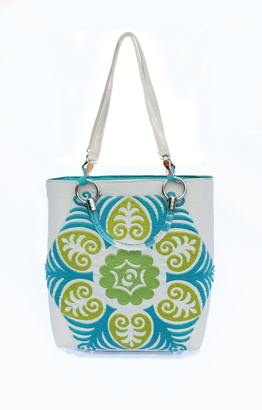 Suzani Teal Silk Small Tote