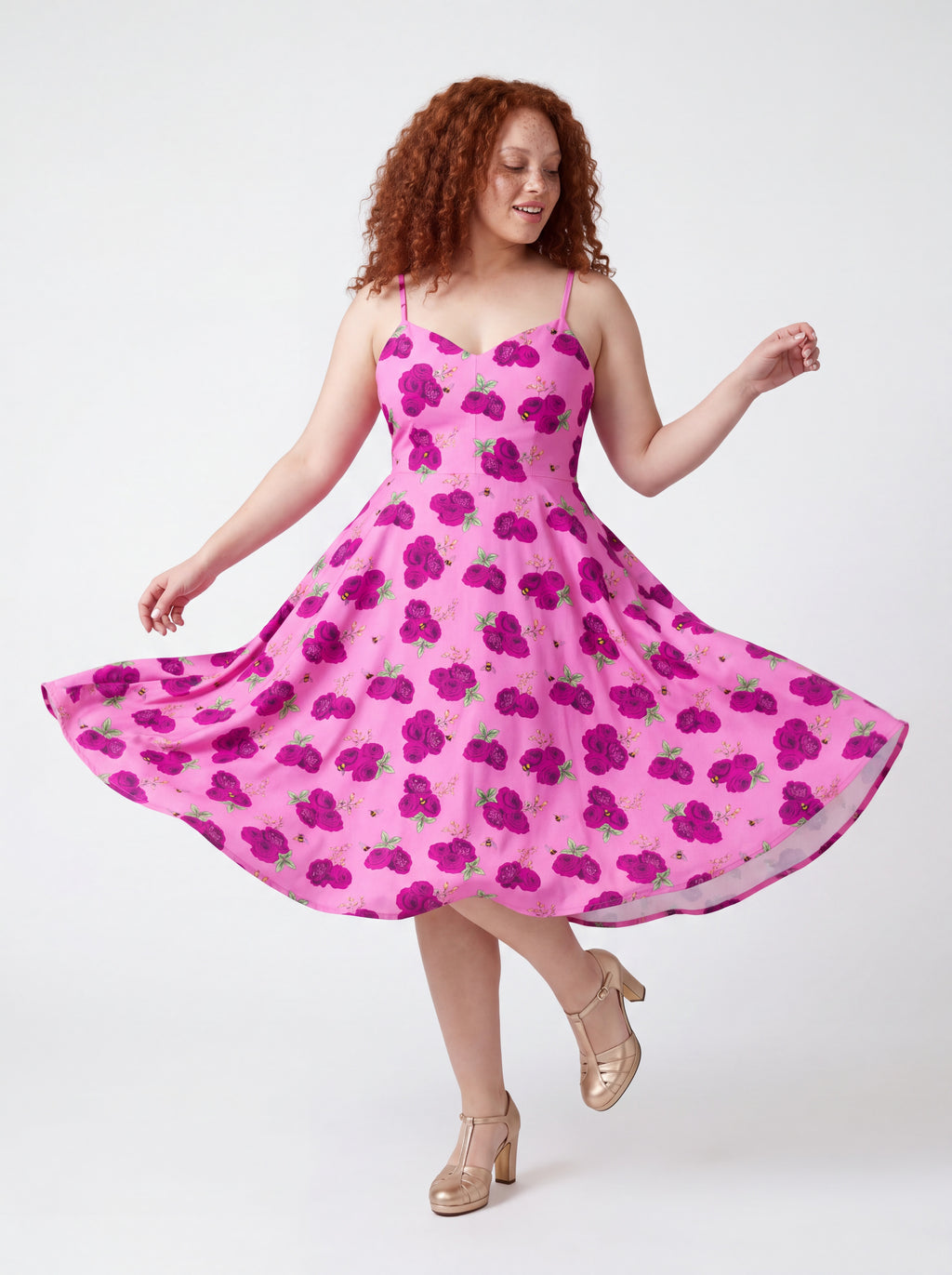 Amalie Daytime Swing Dress in Bee Floral Pink