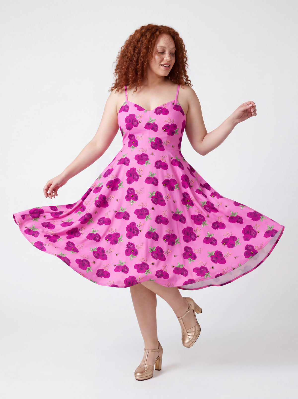 Amalie Daytime Swing Dress in Bee Floral Pink