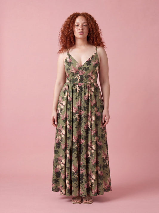 Amalie Daytime Maxi Gown in Green Caledonia Bella Roses
