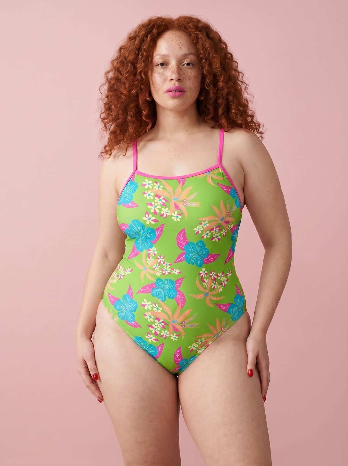 Devon Green Tropical Hibiscus Strappy One-piece Swimsuit