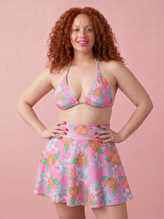 Louisa Pink Tropical Hibiscus Skater Skirt Swim Coverup