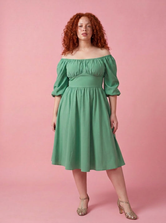 Marie-Thérèse Peasant Dress in Mint Poly Crepe