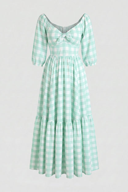 Molly 70s Vintage Maxi Gown in Sage Green Gingham