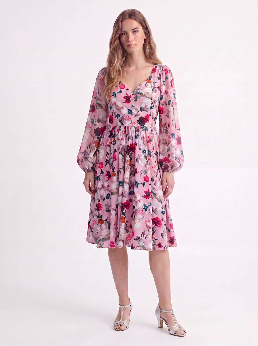 Kara swing dress in mauve Ambrosia Floral with a plunging V neckline and bell sleeves, by Pinup Girl Clothing