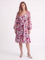 Kara swing dress in mauve Ambrosia Floral with a plunging V neckline and bell sleeves, by Pinup Girl Clothing