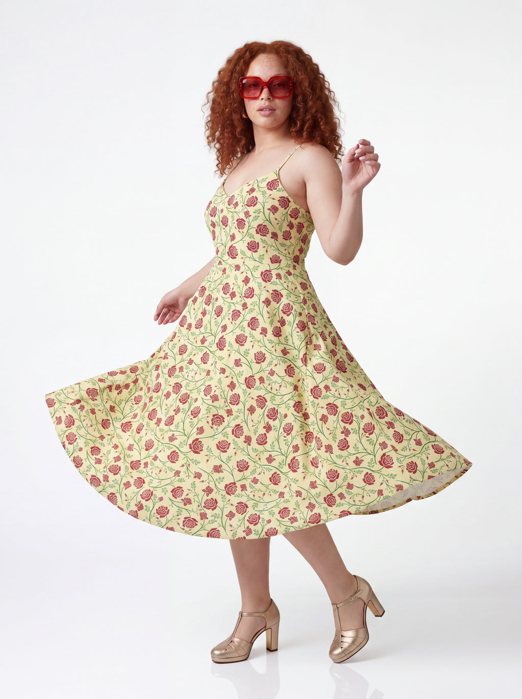 Buttercream rose-print swing dress, the Amalie by Pinup Girl Clothing, sizes XS to 5X.