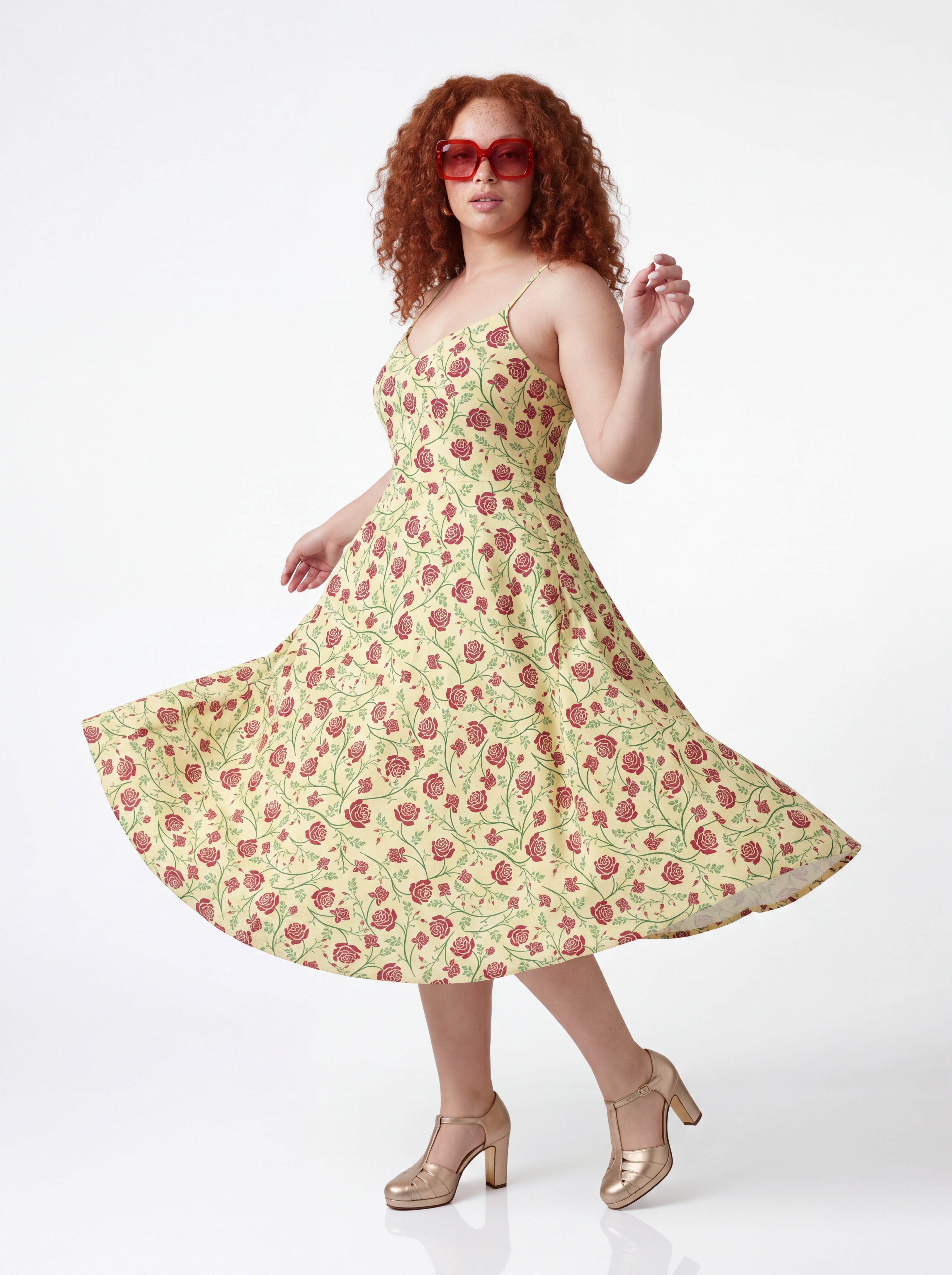 Buttercream rose-print swing dress, the Amalie by Pinup Girl Clothing, sizes XS to 5X.