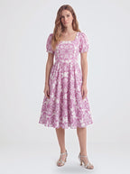 Amara swing dress in pink and white Noto Tile print with puff sleeves and a full swing skirt, by Pinup Girl Clothing