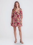 Molly Mini dress in Ambrosia Floral mauve pink with a gathered bodice and long sleeves, by Pinup Girl Clothing