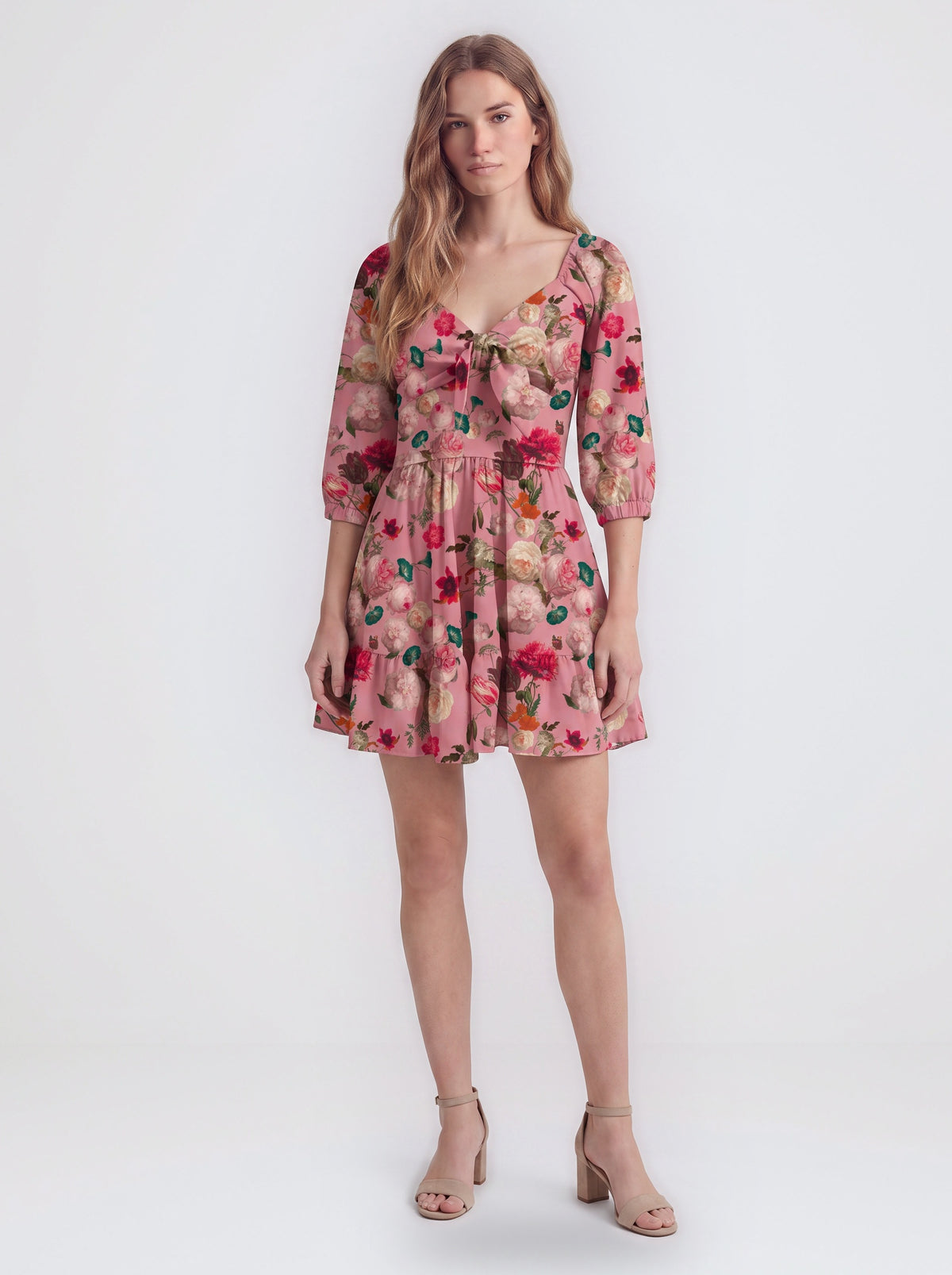Molly Mini dress in Ambrosia Floral mauve pink with a gathered bodice and long sleeves, by Pinup Girl Clothing