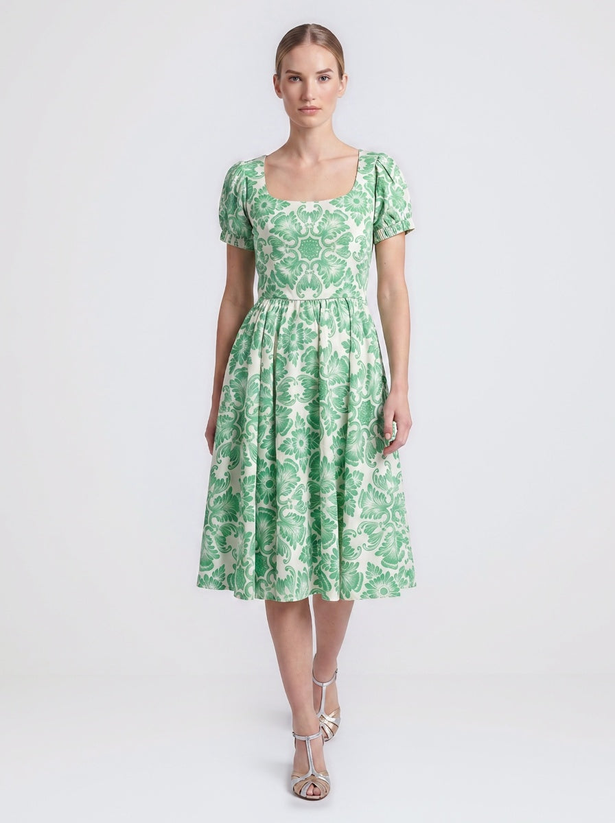 Amara swing dress in green and white Noto Tile print with puff sleeves and a full swing skirt, by Pinup Girl Clothing