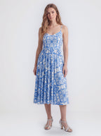 Amalie 70s ballerina swing dress in blue Noto tile print, full front view on a clean studio background