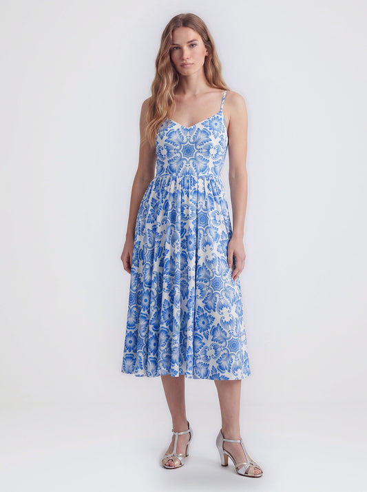 Amalie Ballerina 70's Style Swing Dress in Blue Noto Tile