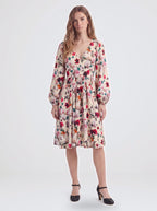 Kara swing dress in Ambrosia Floral ivory, cream and white, with a plunging V neckline and bell sleeves, by Pinup Girl Clothing