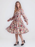 Kara swing dress in Ambrosia Floral ivory, cream and white, with a plunging V neckline and bell sleeves, by Pinup Girl Clothing