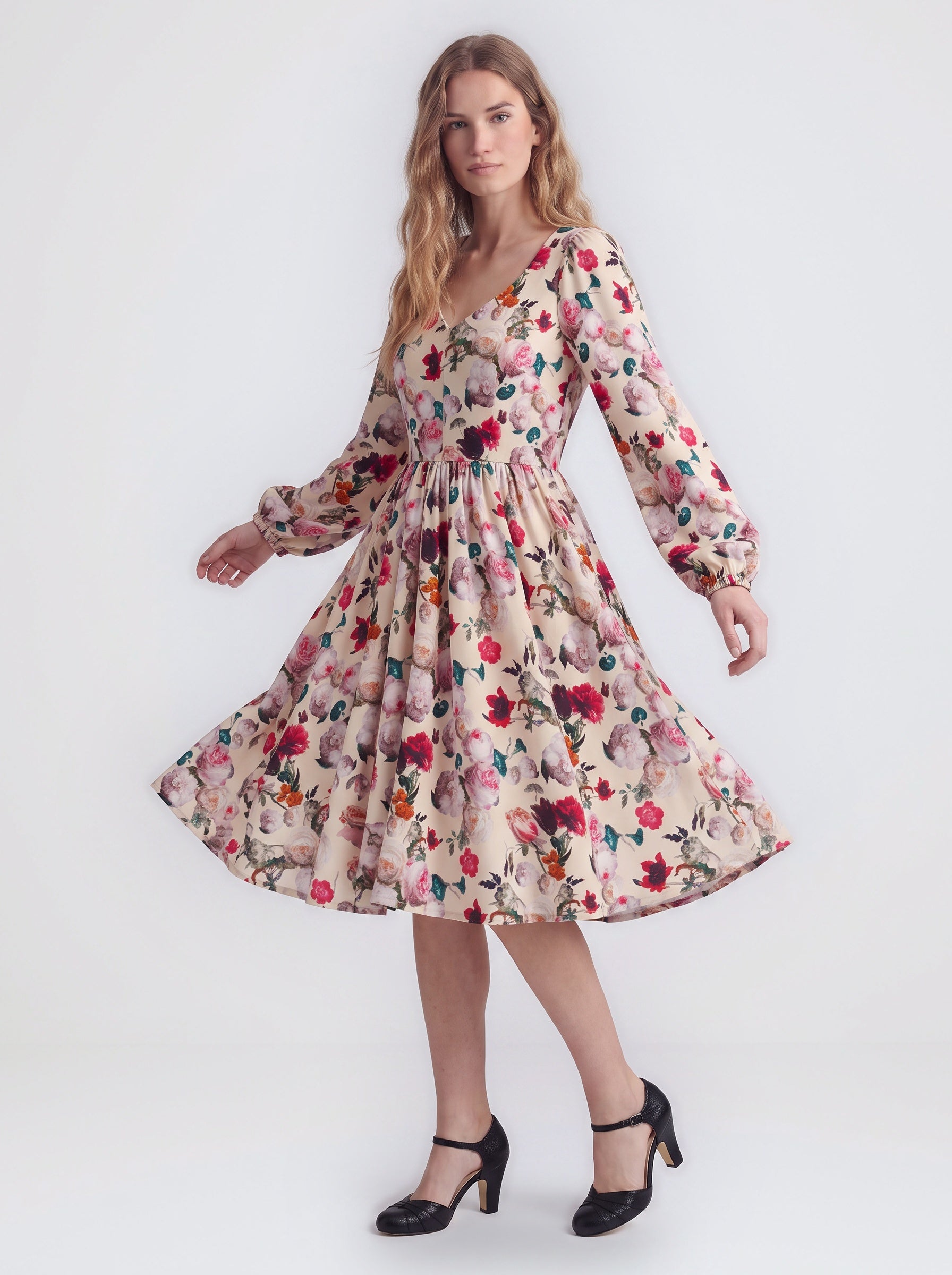 Kara swing dress in Ambrosia Floral ivory, cream and white, with a plunging V neckline and bell sleeves, by Pinup Girl Clothing