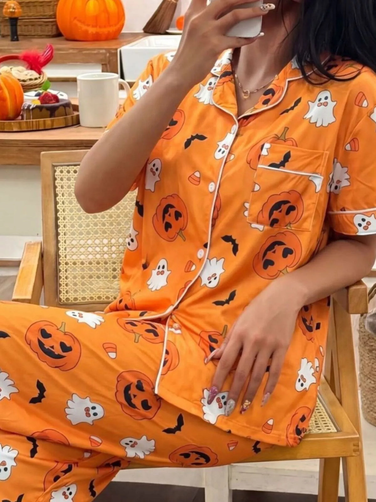 Jack-o'-lantern button-down pajama set in orange