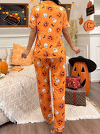 Jack-o'-lantern button-down pajama set in orange
