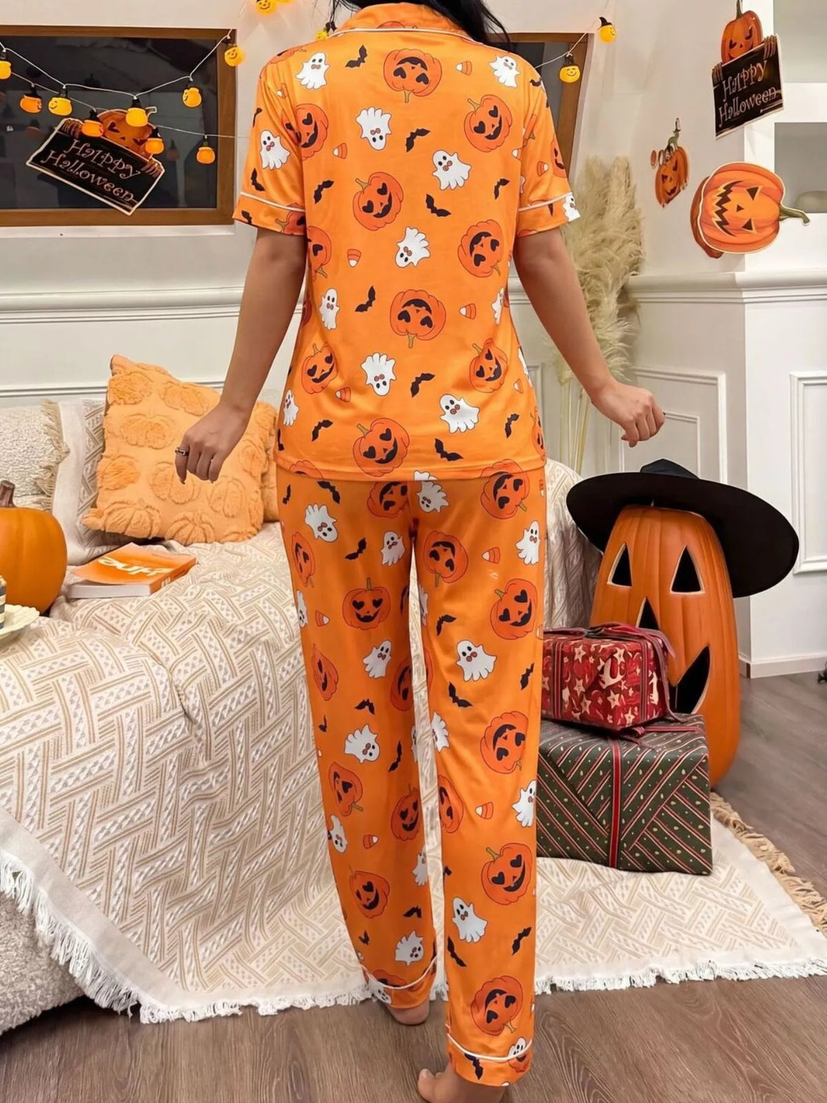 Jack-o'-lantern button-down pajama set in orange