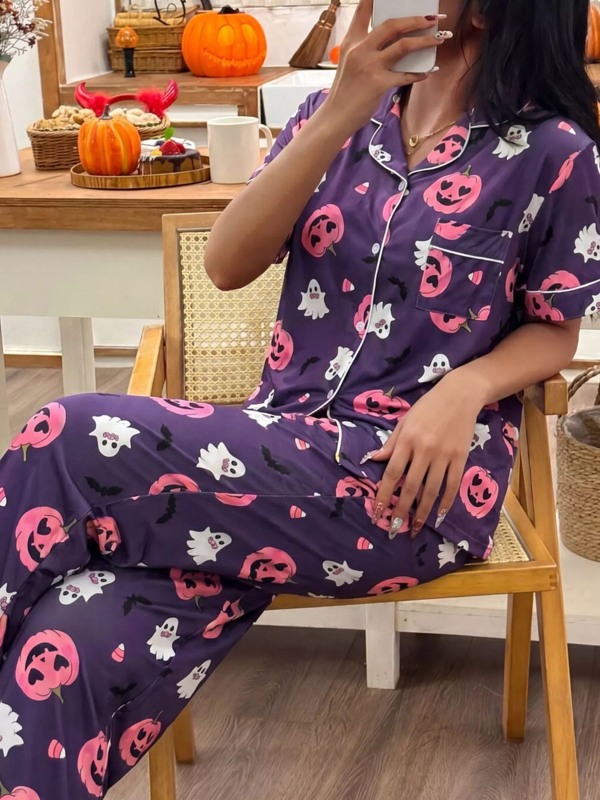Jack-o'-lantern button-down pajama set in purple