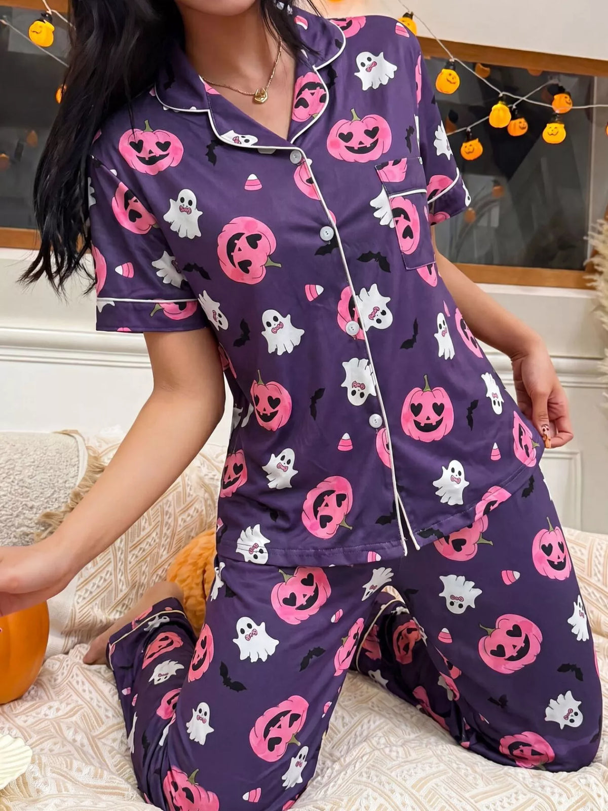 Jack-o'-lantern button-down pajama set in purple