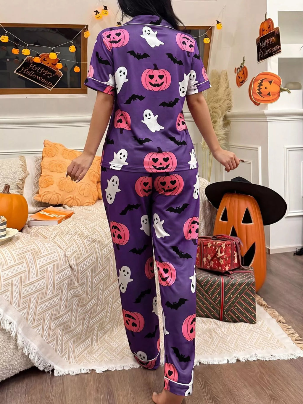 Jack-o'-lantern button-down pajama set in purple