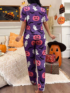 Jack-o'-lantern button-down pajama set in purple