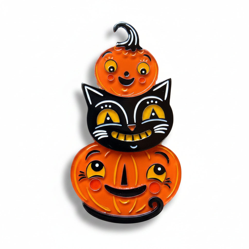 Jolly Jack Pumpkin Stack Brooch, stack of grinning orange jack-o'-lanterns