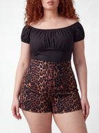 LB high-waisted shorts in chestnut leopard print by Pinup Girl Clothing, sizes XS to 5X.