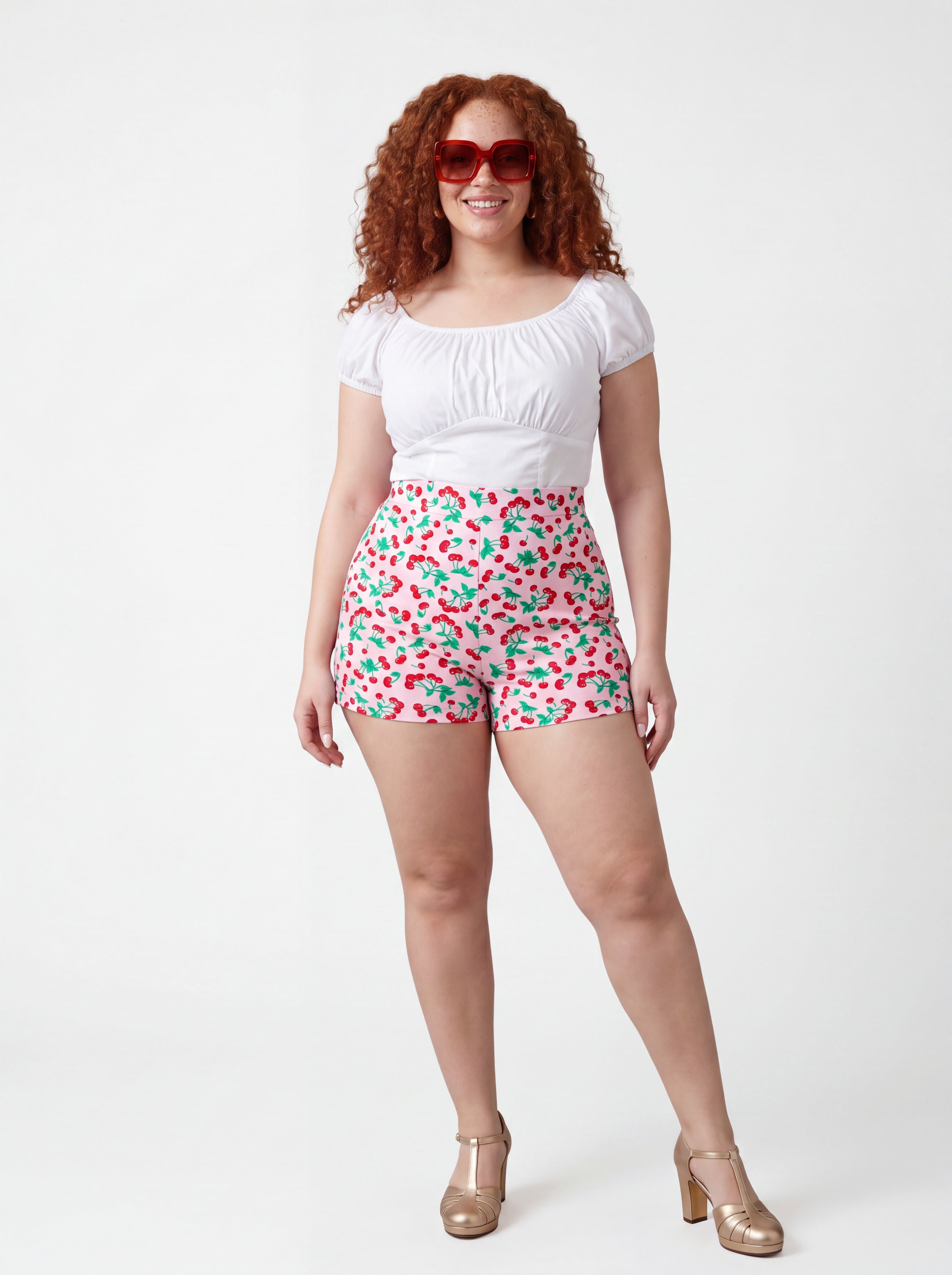 Pinup Girl Clothing LB high-waisted shorts in ivory vintage cherries print with pockets, made to order.