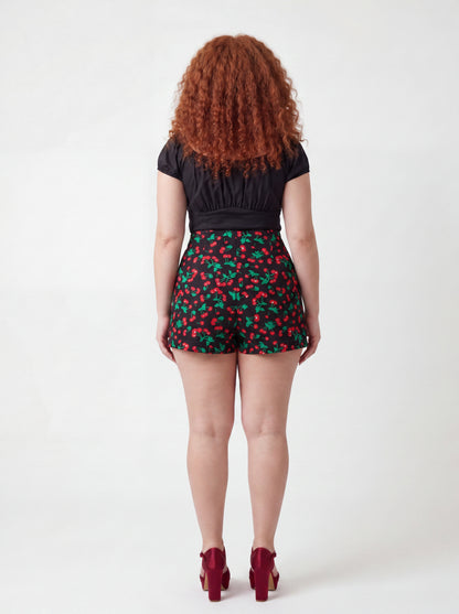 LB high-waisted shorts in black vintage cherries print by Pinup Girl Clothing, sizes XS to 5X.