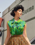 Leaves Bow Top in a green leaf print with an oversized neck bow