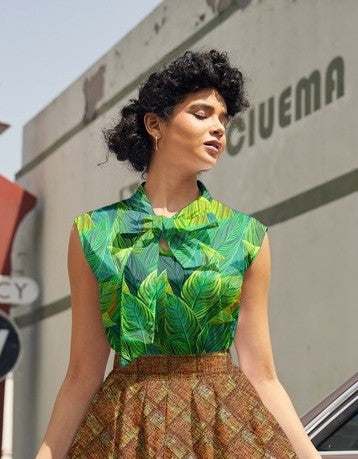 Leaves Bow Top in a green leaf print with an oversized neck bow