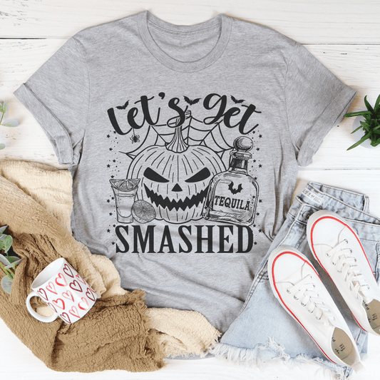 Let's Get Smashed pumpkin graphic tee with smashed jack-o-lantern print