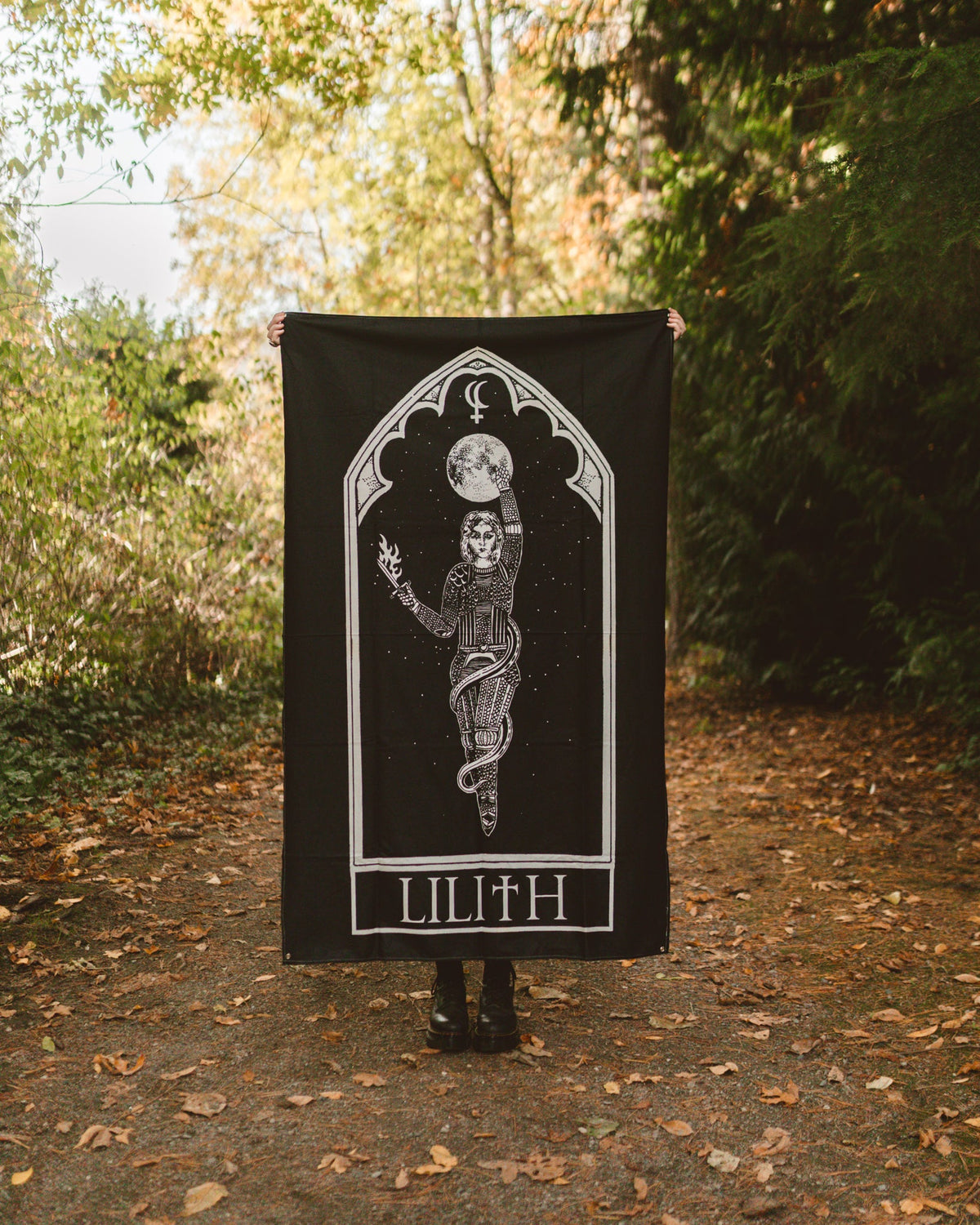 Lilith wall tapestry, black and white occult art