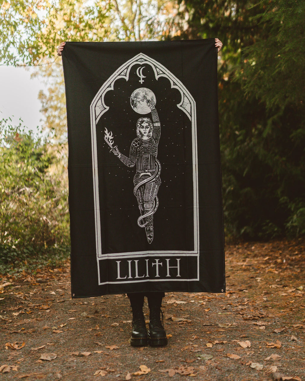 Lilith wall tapestry, black and white occult art