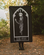 Lilith wall tapestry, black and white occult art