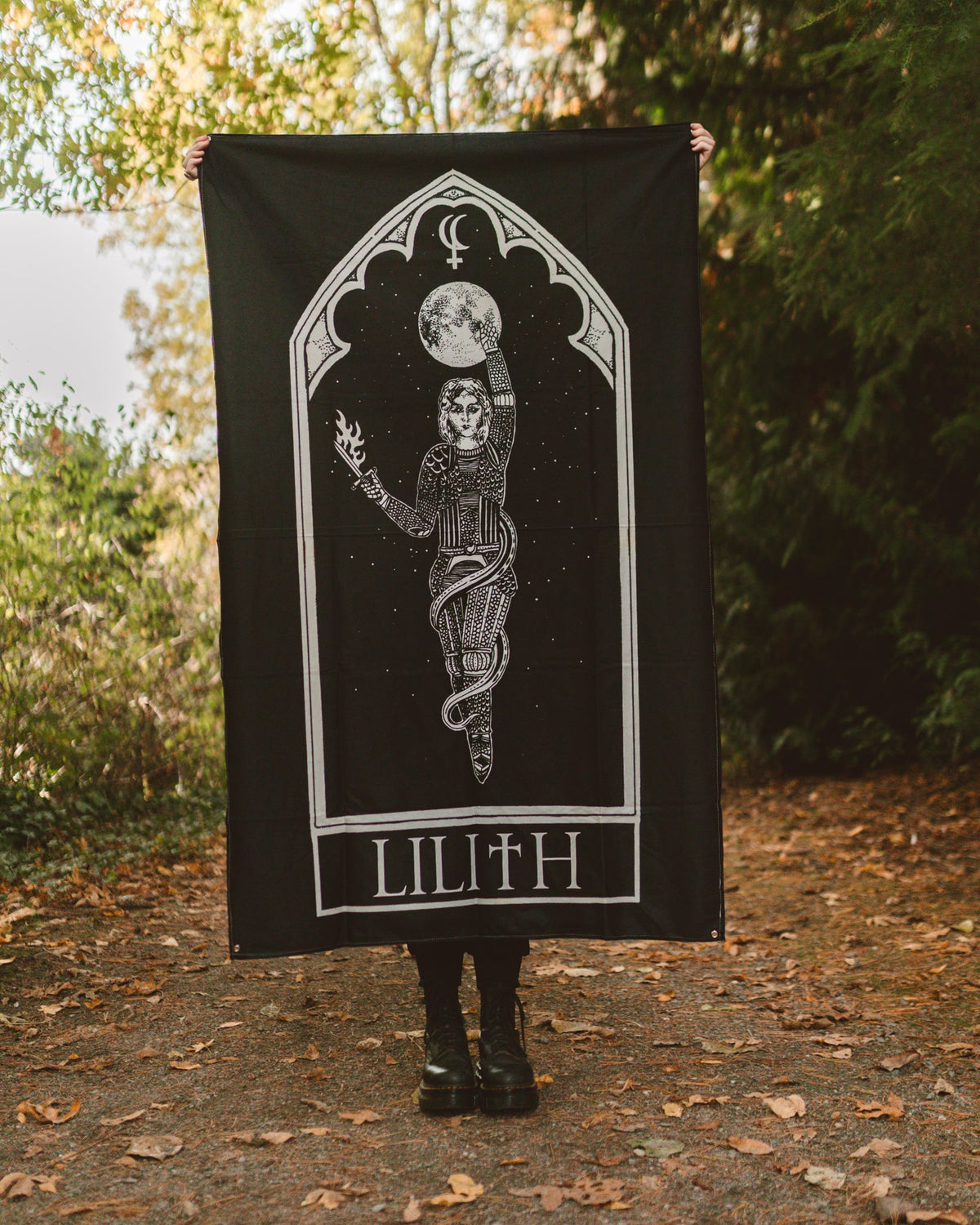 Lilith wall tapestry, black and white occult art