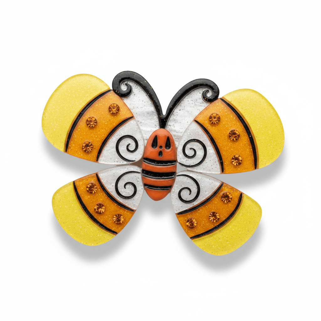 Candy Corn Winged Weena Brooch, candy corn yellow, orange and white wings with a ghost face center
