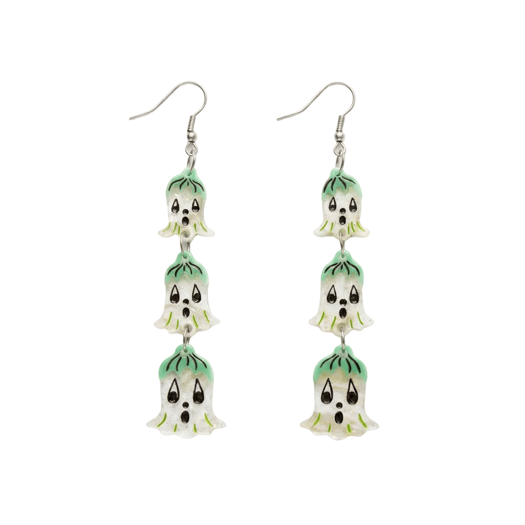 Ghostie Garden Dangle Bell Earrings, three-tier ghost bells with sage green caps