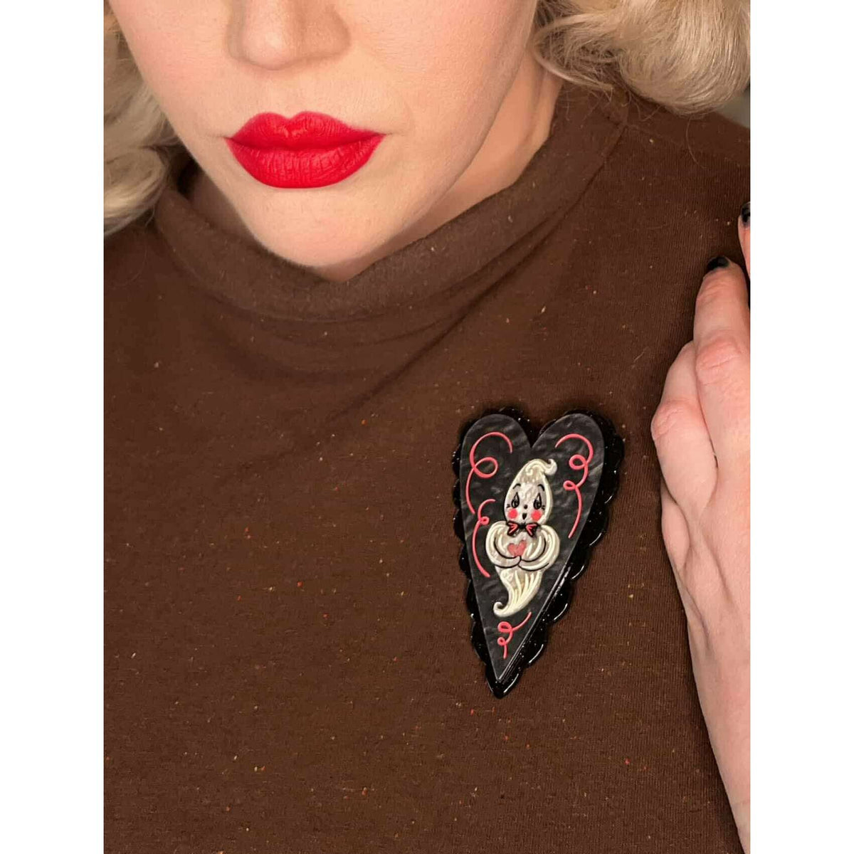 Dancing Cat in Heart Brooch, black cat dancing inside a heart (view 3)