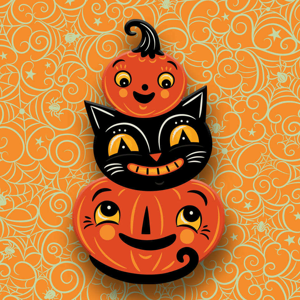 Jolly Jack Pumpkin Stack Brooch, stack of grinning orange jack-o'-lanterns (view 2)