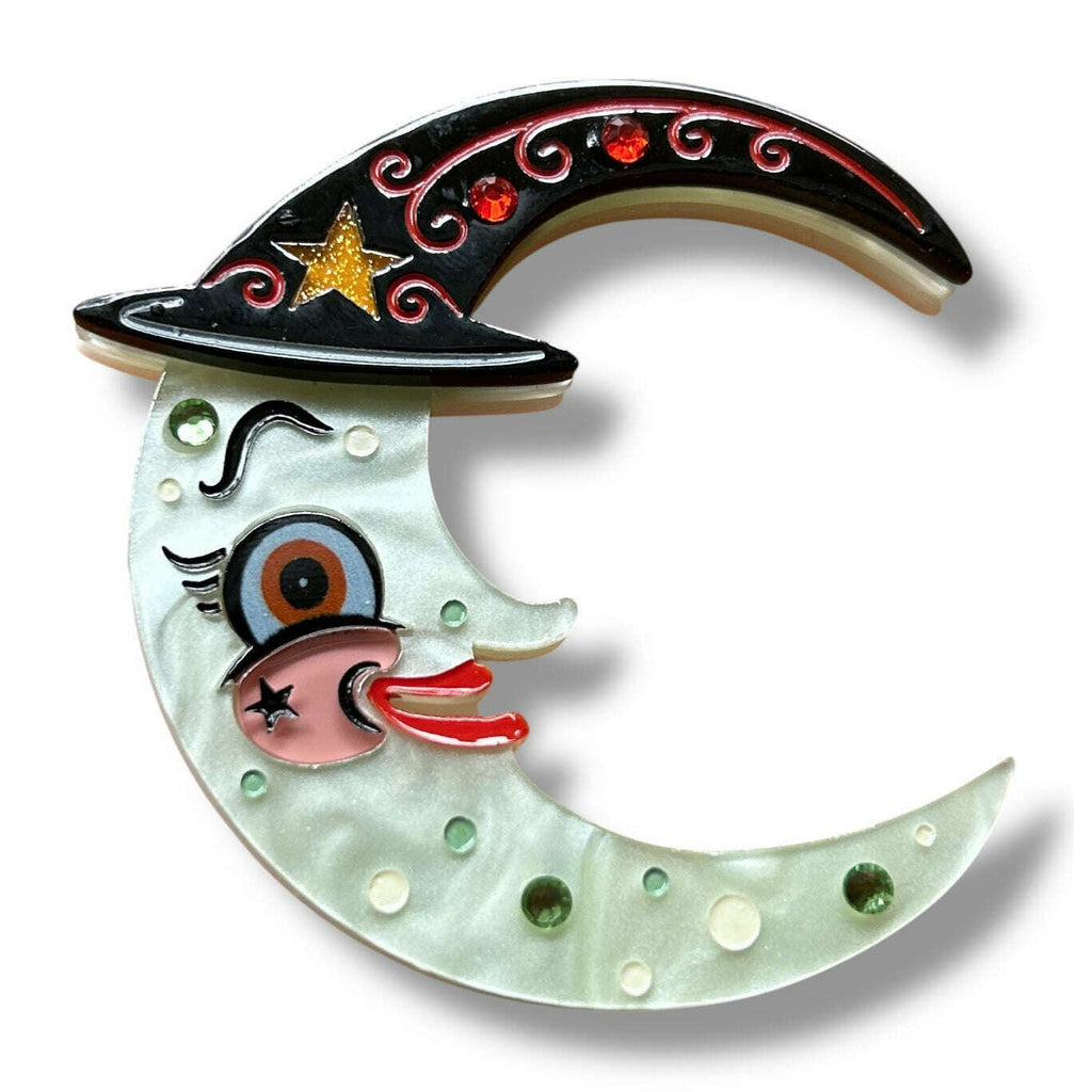 Witchy Crescent Moonhilda Brooch, folk-art witch against a crescent moon