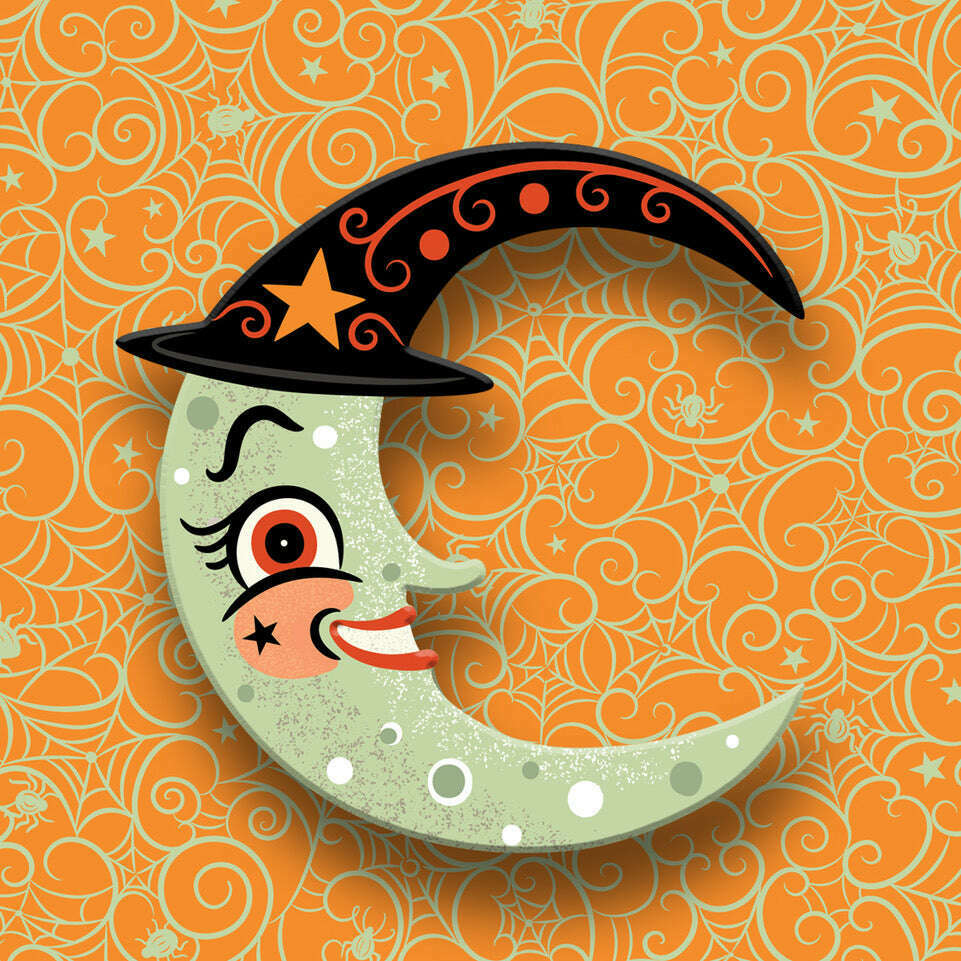 Witchy Crescent Moonhilda Brooch, folk-art witch against a crescent moon (view 4)