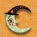 Witchy Crescent Moonhilda Brooch, folk-art witch against a crescent moon (view 4)