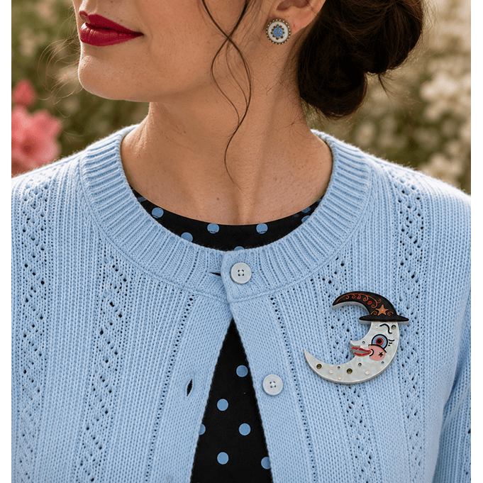 Witchy Crescent Moonhilda Brooch, folk-art witch against a crescent moon (view 2)