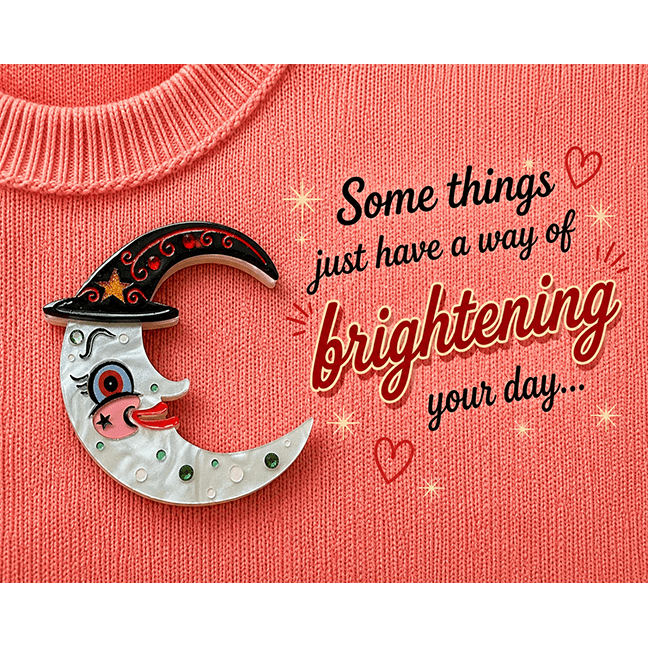 Witchy Crescent Moonhilda Brooch, folk-art witch against a crescent moon (view 3)